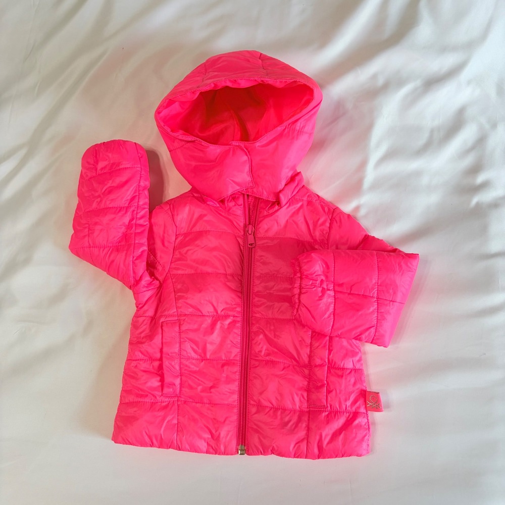 United Colors of Benetton Kids Neon Pink Quilted Puffer Jacket Hooded Size 1Y